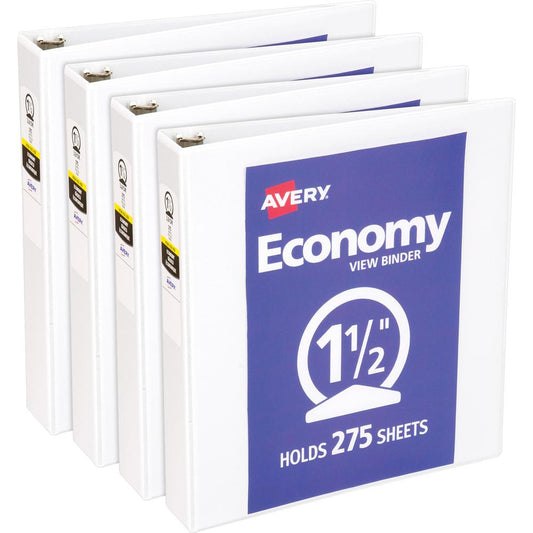 Avery&reg; Economy View Binder - 1 1/2" Binder Capacity - Letter - 8 1/2" x 11" Sheet Size - 275 Sheet Capacity - 3 x Round Ring Fastener(s) - 2 Internal Pocket(s) - Vinyl, Chipboard - White - Gap-fre