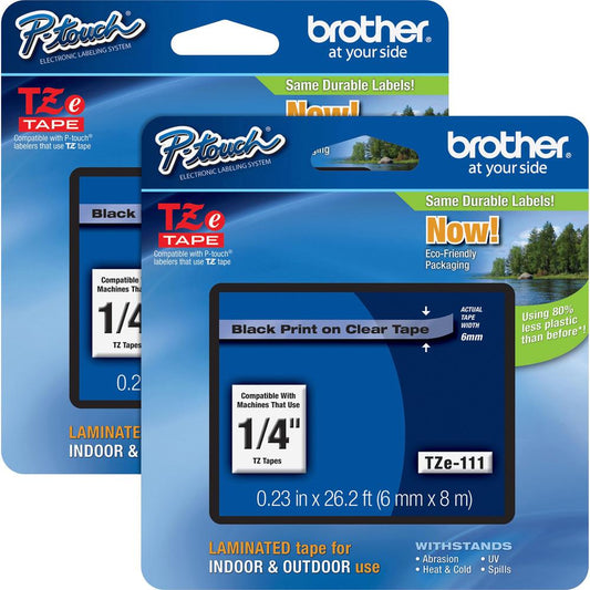 Brother P-touch TZe Laminated Tape Cartridges - 15/64" Width - Rectangle - Clear, Black - 2 / Bundle - Water Resistant - Grease Resistant, Grime Resistant, Temperature Resistant, Sunlight Resistant, H