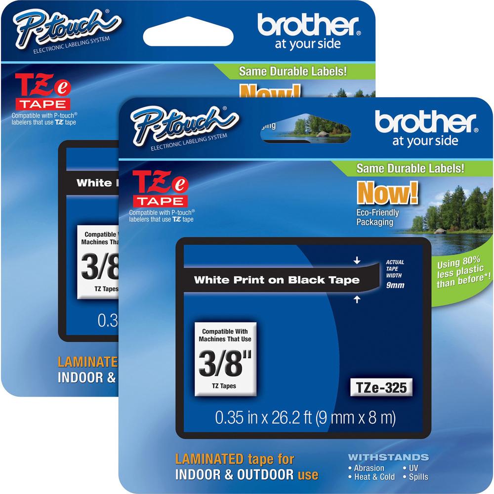 Brother P-touch TZe Laminated Tape Cartridges - 3/8" Width - Rectangle - White - Polyester Film, Polyethylene Terephthalate (PET) - 2 / Bundle - Water Resistant - Grease Resistant, Grime Resistant, Te