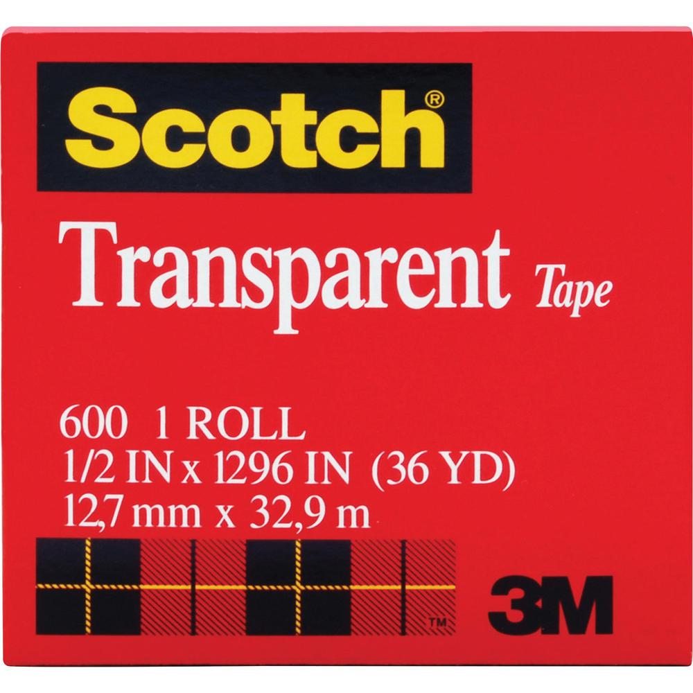 Scotch Transparent Tape - 1/2"W - 36 yd Length x 0.50" Width - 1" Core - Moisture Resistant, Stain Resistant, Long Lasting - For Multipurpose, Mending, Packing, Label Protection, Wrapping - 12 / Pack