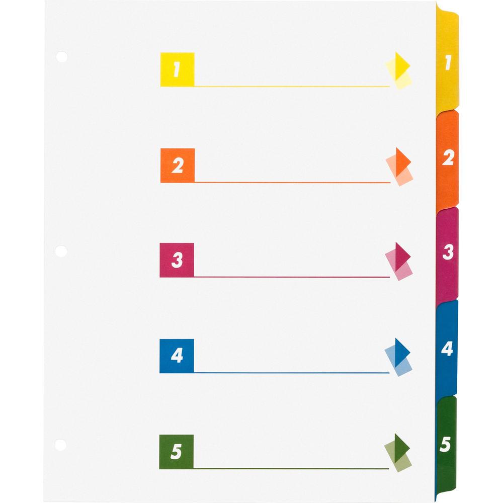 Business Source Color-coded Table of Contents/Tabs Index Dividers - Printed Tab(s) - Digit - 1-5 - 5 Tab(s)/Set - 3 Hole Punched - White Divider - Multicolor Mylar Tab(s) - 24 / Box