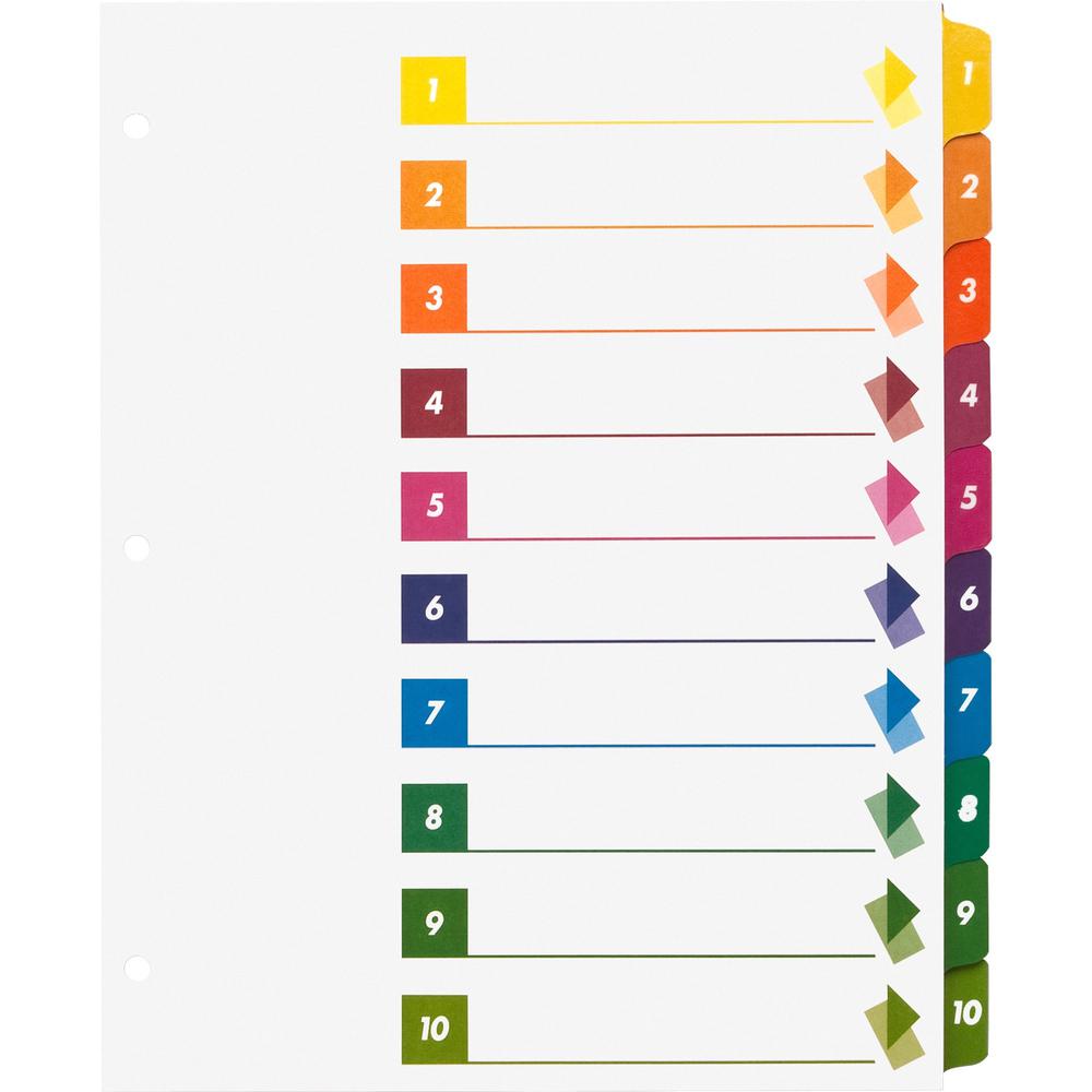 Business Source Color-coded Table of Contents/Tabs Index Dividers - Printed Tab(s) - Digit - 1-10 - 10 Tab(s)/Set - 3 Hole Punched - Multicolor Divider - Multicolor Mylar Tab(s) - 24 / Box