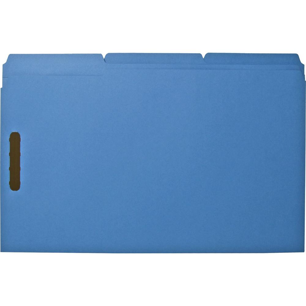 Business Source 1/3 Tab Cut Legal Recycled Fastener Folder - 8 1/2" x 14" - 3/4" Expansion - 2 Fastener(s) - 2" Fastener Capacity - Top Tab Location - Assorted Position Tab Position - Blue - 10% Recyc