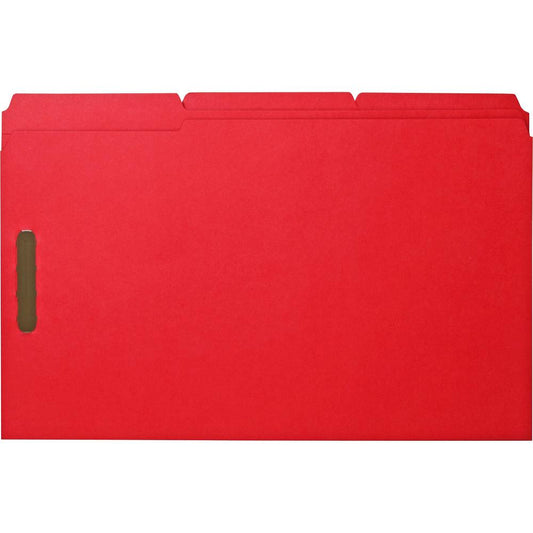 Business Source 1/3 Tab Cut Legal Recycled Fastener Folder - 8 1/2" x 14" - 3/4" Expansion - 2 Fastener(s) - 2" Fastener Capacity - Top Tab Location - Assorted Position Tab Position - Red - 10% Recycl