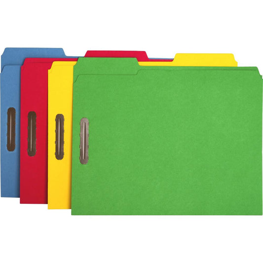 Business Source 1/3 Tab Cut Letter Recycled Fastener Folder - 8 1/2" x 11" - 3/4" Expansion - 2 Fastener(s) - 2" Fastener Capacity - Top Tab Location - Assorted Position Tab Position - Yellow, Blue, G