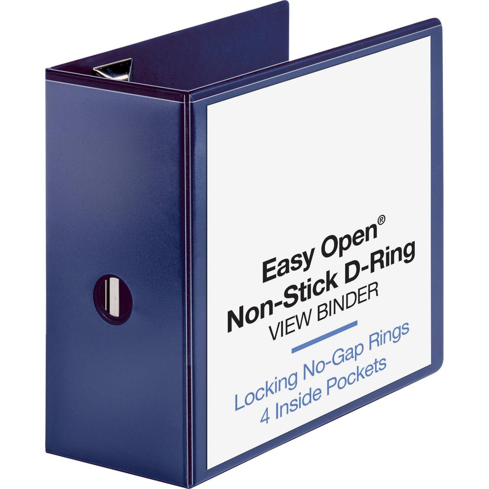 Business Source Navy D-ring Binder - 5" Binder Capacity - Letter - 8 1/2" x 11" Sheet Size - D-Ring Fastener(s) - 4 Pocket(s) - Polypropylene - Navy - Clear Overlay, Non-stick, Ink-transfer Resistant,