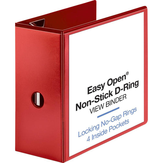 Business Source Red D-ring Binder - 5" Binder Capacity - Letter - 8 1/2" x 11" Sheet Size - D-Ring Fastener(s) - 4 Pocket(s) - Polypropylene - Red - Clear Overlay, Non-stick, Ink-transfer Resistant, L