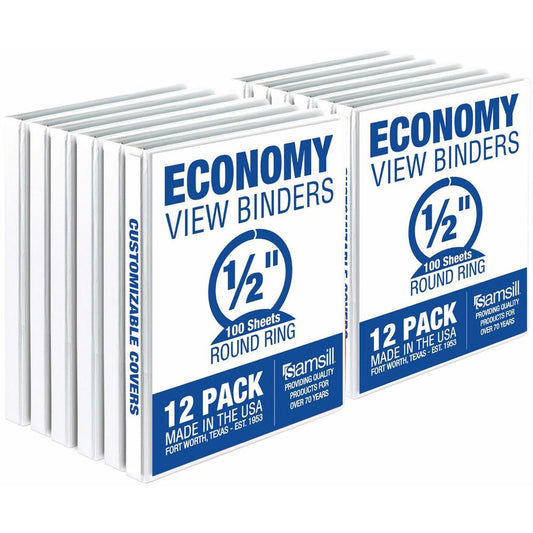 Samsill Economy View Binder - 1/2" Binder Capacity - Letter - 8 1/2" x 11" Sheet Size - 100 Sheet Capacity - 3 x Round Ring Fastener(s) - 2 Internal Pocket(s) - Polypropylene, Chipboard, Plastic - Whi