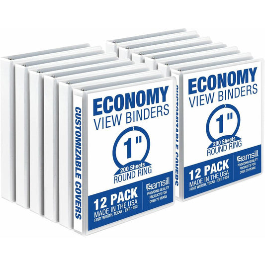 Samsill Economy View Binder - 1" Binder Capacity - Letter - 8 1/2" x 11" Sheet Size - 100 Sheet Capacity - 3 x Round Ring Fastener(s) - 2 Internal Pocket(s) - Polypropylene, Chipboard, Plastic - White