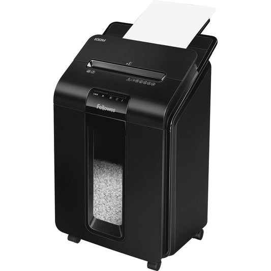 Fellowes AutoMax&trade; 100M Auto Feed Shredder - Non-continuous Shredder - Micro Cut - 100 Per Pass - for shredding Paper, Staples, Credit Card, Paper Clip - 0.156" x 0.391" Shred Size - P-4 - 8 ft/m