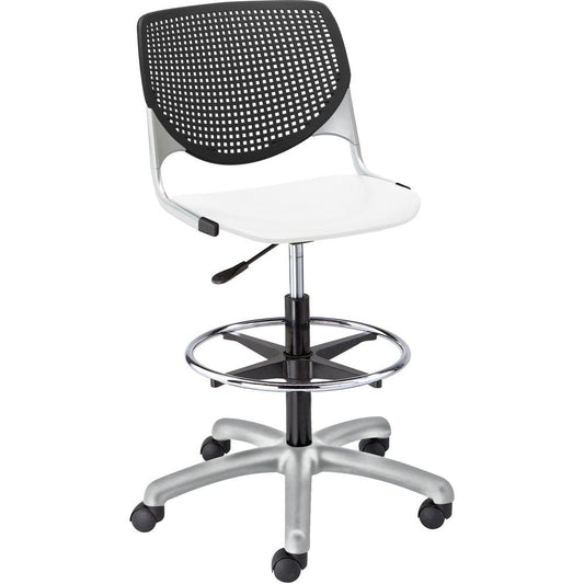 KFI Kool Stool With Perforated Back - White Polypropylene Seat - Black Polypropylene, Aluminum Alloy Back - Powder Coated Silver Tubular Steel Frame - 5-star Base - 1 Each