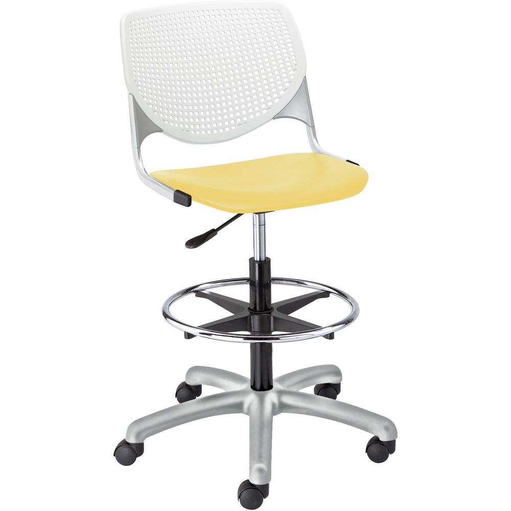 KFI Kool Stool With Perforated Back - Yellow Polypropylene Seat - White Polypropylene, Aluminum Alloy Back - Powder Coated Silver Tubular Steel Frame - 5-star Base - 1 Each