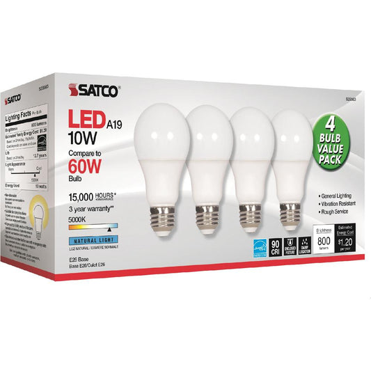 Satco 10W A19 LED 5000K Light Bulbs - 10 W - 60 W Incandescent Equivalent Wattage - 120 V AC - 800 lm - A19 Size - Frosted White - Natural Light Light Color - E26 Base - 15000 Hour - 8540.3&deg;F (472