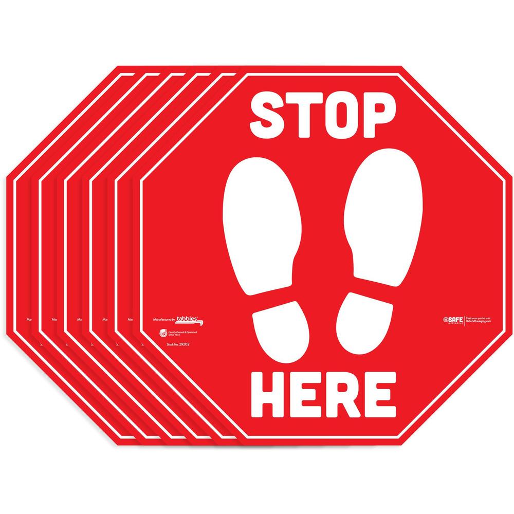 Tabbies BeSafe STOP HERE Messaging Carpet Decals - 6 / Pack - STOP HERE Print/Message - 12" Width x 12" Height - Square Shape - Easy Readability, Removable, Pressure Sensitive, Adhesive, Adjustable, N