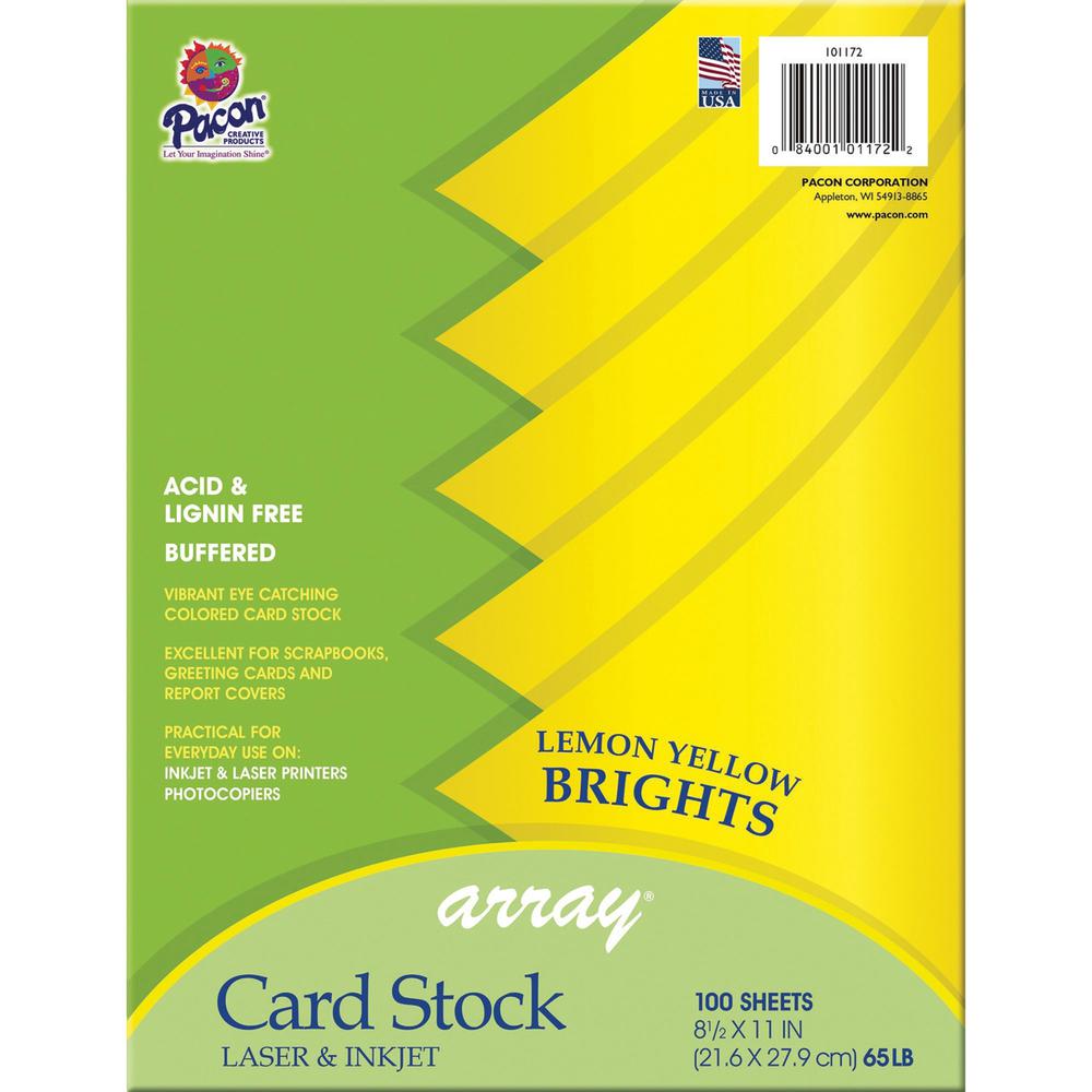 Pacon Color Brights Cardstock - Lemon Yellow - Letter - 8 1/2" x 11" - 65 lb Basis Weight - 100 / Pack - Acid-free, Recyclable, Lignin-free, Buffered - Lemon Yellow