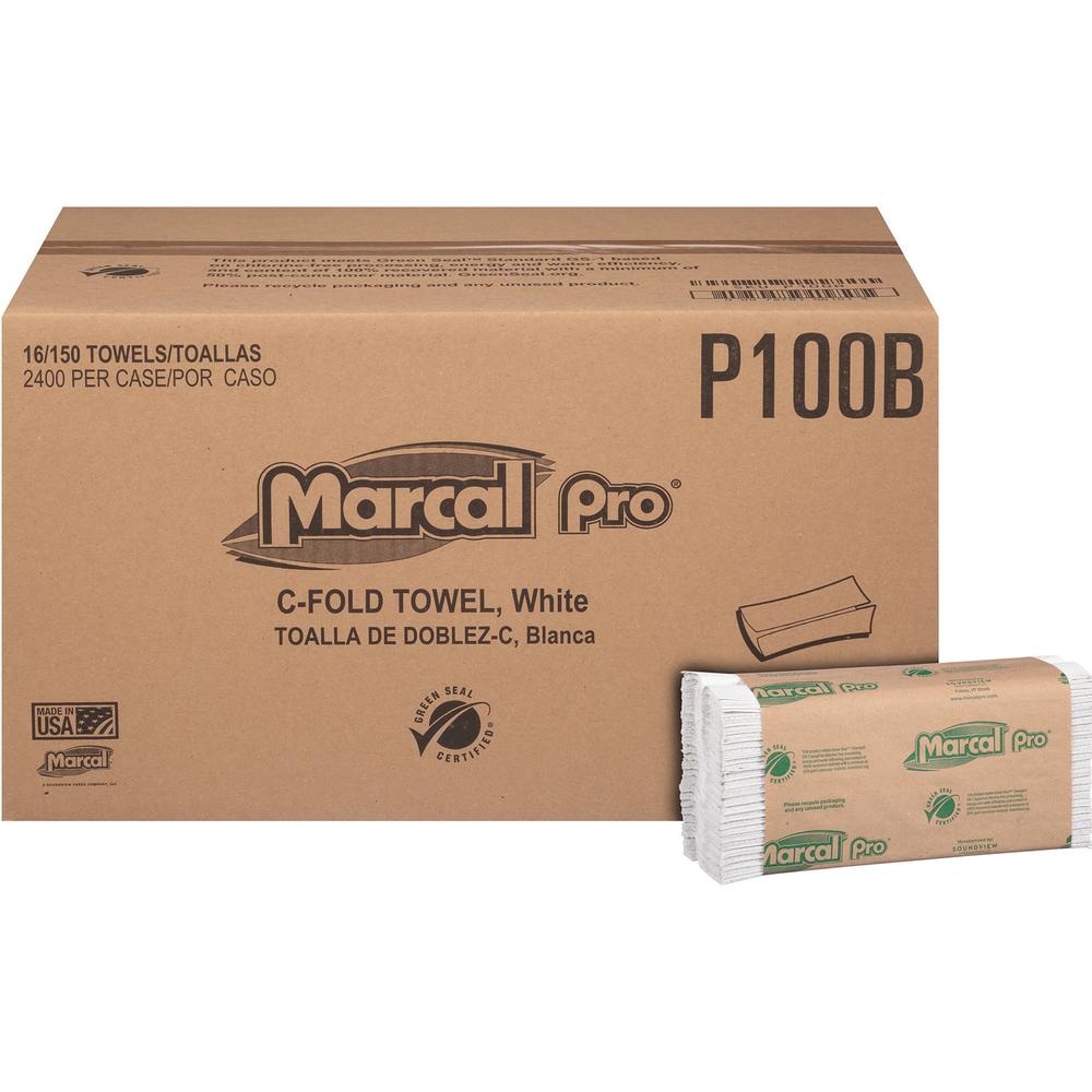 Marcal Recycled Center-Fold Paper Towels - 1 Ply - C-fold - 12.87" x 10.12" - 150 Sheets/Roll - White - Paper - Strong, Absorbent, Hypoallergenic, Chemical-free, Chlorine-free, Bleach-free, Dye-free,