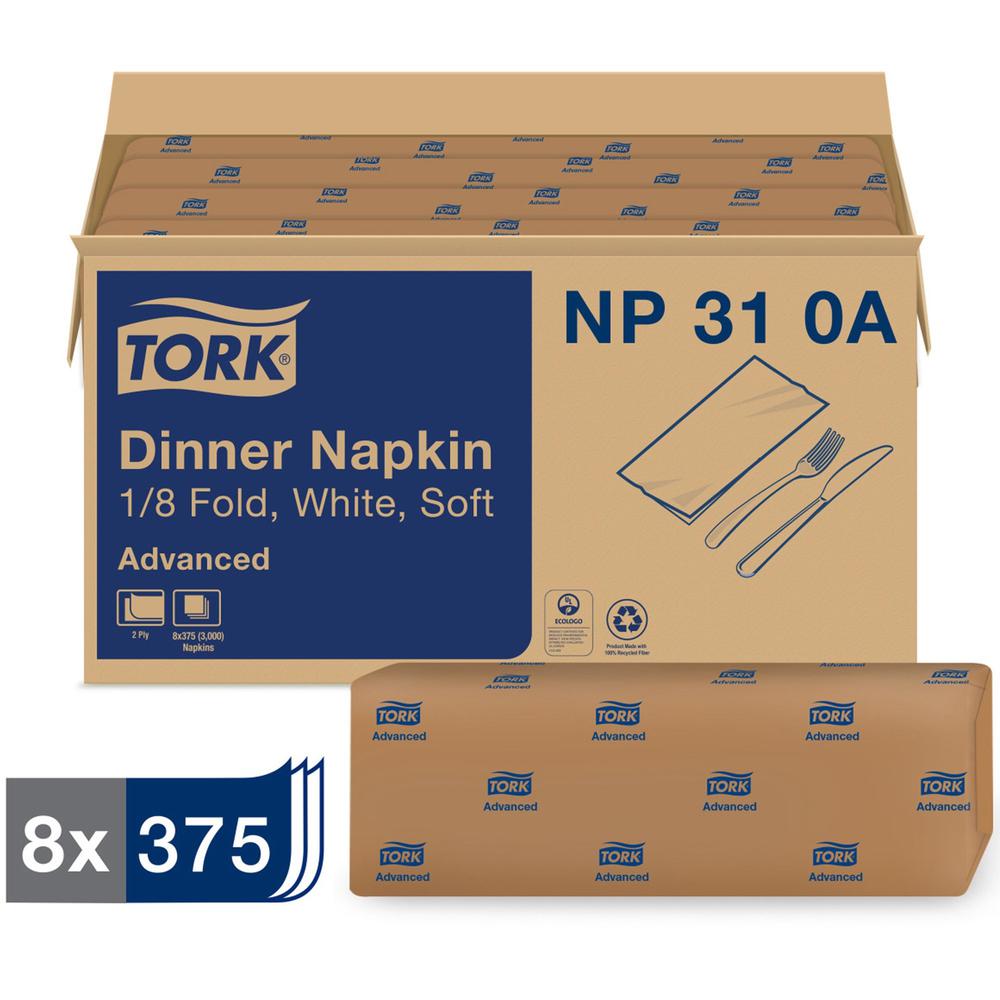 Tork White Dinner Napkin - Tork White Dinner Napkin, Advanced, 1/8 Fold 2-ply, 8 x 375 napkins, 15" x 16.25" , NP310A