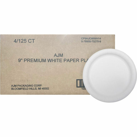 AJM 9" Dinnerware Paper Plates - Disposable - White - Paper Body - 125 / Pack