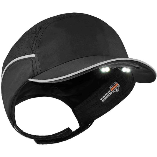 Skullerz 8965 Bump Cap Hat with LED Light - Recommended for: Mechanic, Baggage Handling, Factory, Home, Industrial - Bump, Scrape, Head Protection - Nylon, Nylon - Black - Lightweight, LED Light, Comf