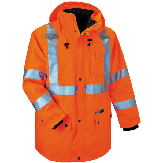 GloWear 4-in-1 High Visibility Jacket - 2-Xtra Large Size - 50" Chest - Zipper Closure - Polyurethane, Polyurethane - Orange - Weather Proof, Chest Pocket, Mic Tab, Reflective Strip, High Visibility,