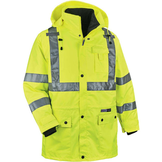 GloWear 4-in-1 High Visibility Jacket - 3-Xtra Large Size - 54" Chest - Zipper Closure - Polyurethane, Polyurethane - Lime - Weather Proof, Chest Pocket, Mic Tab, Reflective Strip, High Visibility, Dr