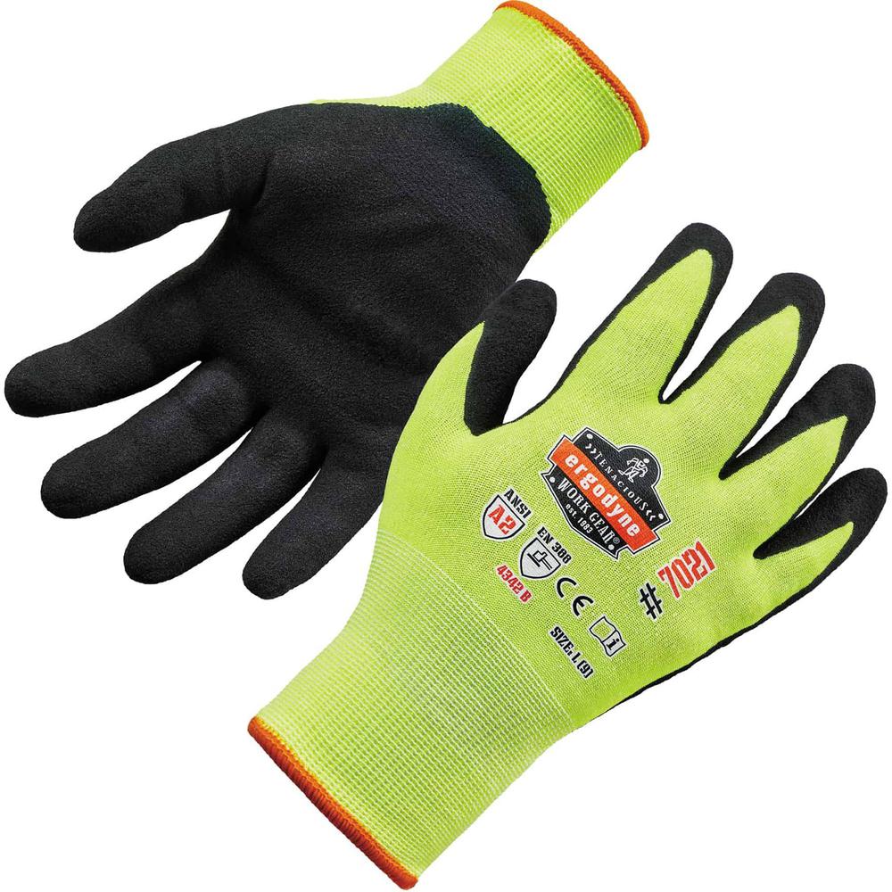 Ergodyne ProFlex 7021 Nitrile-Coated Cut-Resistant Gloves - A2 Level WSX - Nitrile, Polyurethane Coating - Large Size - Lime - Touchscreen Capable - Cut Resistant, Superior Grip, Seamless, Knit Wrist,