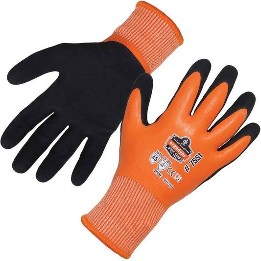 Ergodyne ProFlex 7551 A5 Coated Waterproof Gloves - Thermal Protection - Nitrile, Latex Coating - Small Size - Orange - Cut Resistant, Water Proof, Cold Resistant, Superior Grip, Machine Washable, Pun