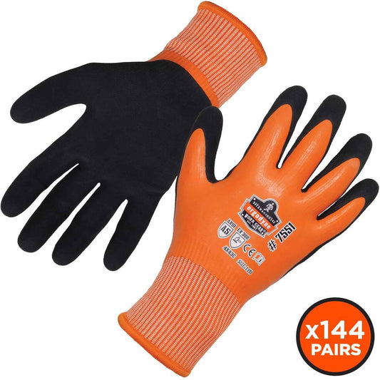 Ergodyne ProFlex 7551 A5 Coated Waterproof Gloves - Nitrile, Latex Coating - Small Size - Orange - Water Proof, Machine Washable, Cut Resistant, Puncture Resistant, Abrasion Resistant, Slash Resistant