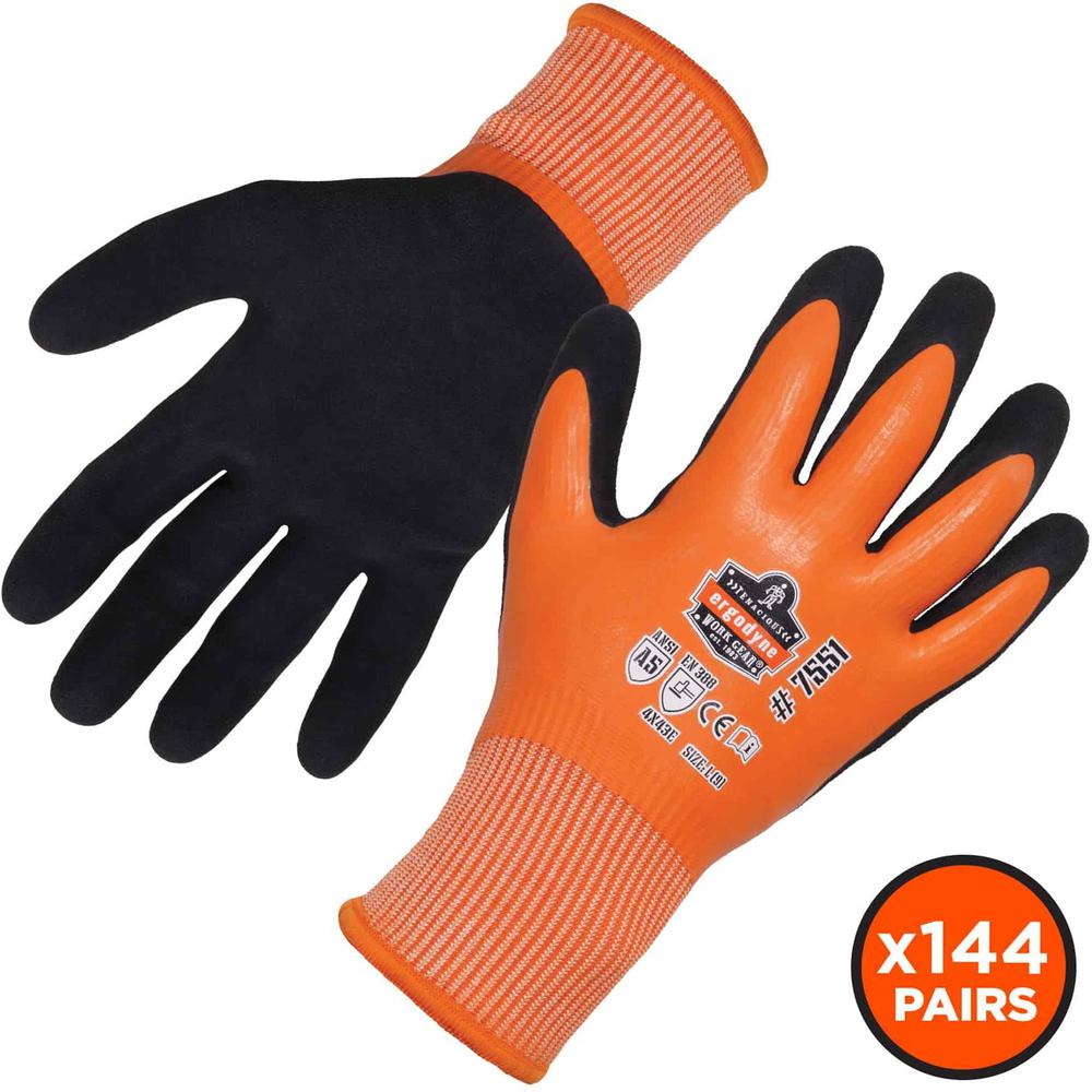 Ergodyne ProFlex 7551 A5 Coated Waterproof Gloves - Nitrile, Latex Coating - Extra Large Size - Orange - Water Proof, Machine Washable, Cut Resistant, Puncture Resistant, Abrasion Resistant, Slash Res