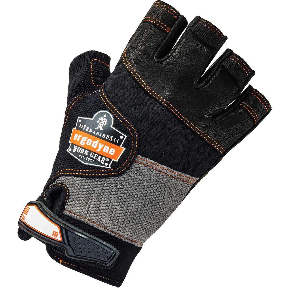 Ergodyne ProFlex 901 Half-Finger Leather Impact Gloves - Small Size - Half Finger - Black - Anti-Vibration, Breathable, Knitted, Molded, ID Tab, Pull-on Tab, Durable, Shock Resistant, Impact Resistant