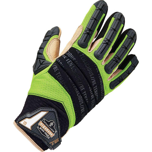 Ergodyne ProFlex 924LTR Leather-Reinforced Hybrid DIR Gloves - Small Size - Lime - Impact Resistant, Reinforced, Flexible, Padded Palm, Reinforced Thumb, Reinforced Fingertip, High Visibility, Breatha