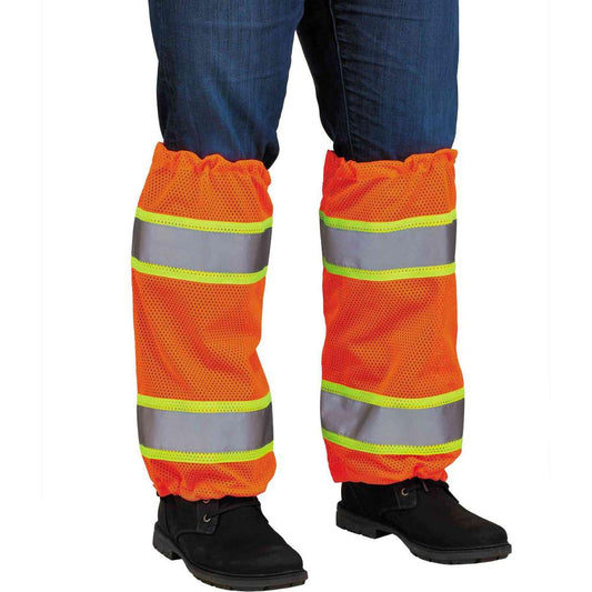 GloWear 8009 Class E Two-Tone Mesh Leg Gaiters - Drawstring Closure Closure - Orange - Breathable, Reflective Strip - 12 / Carton