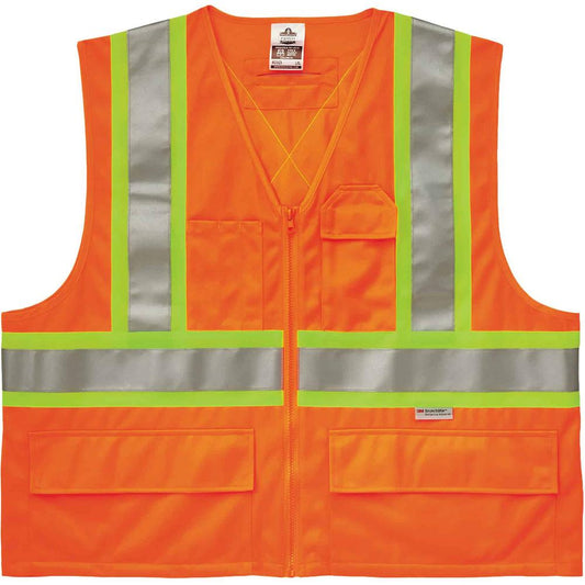 GloWear 8235ZX Type R Class 2 Two-Tone X-Back Vest - Small/Medium Size - Zipper Closure - Polyester - Orange - Pocket, D-ring, Reflective - 1 Each