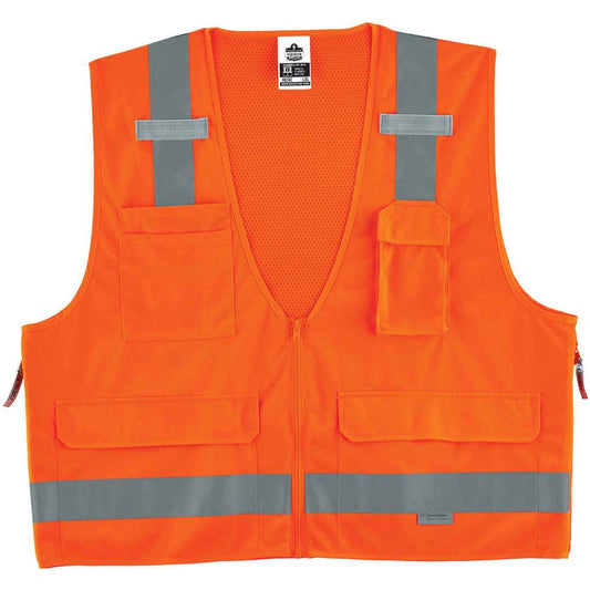 GloWear 8250Z Type R Class 2 Surveyors Vest - Small/Medium Size - Zipper Closure - Poly, Mesh - Orange - Pocket, Mic Tab, Reflective - 1 Each