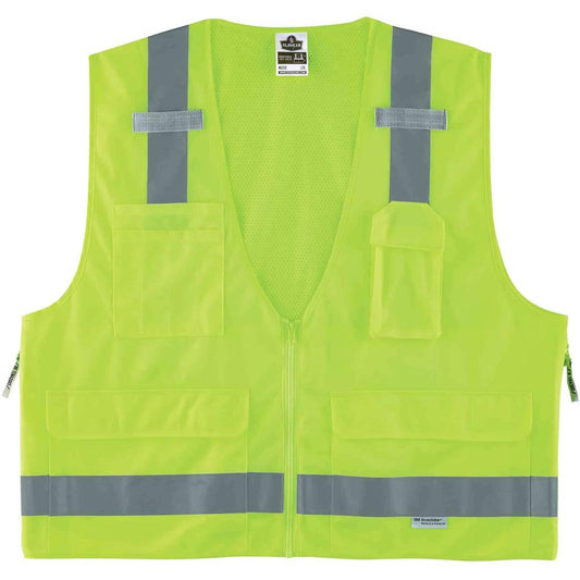 GloWear 8250Z Type R Class 2 Surveyors Vest - 4-Xtra Large/5-Xtra Large Size - Zipper Closure - Poly, Mesh - Lime - Pocket, Mic Tab, Reflective - 1 Each