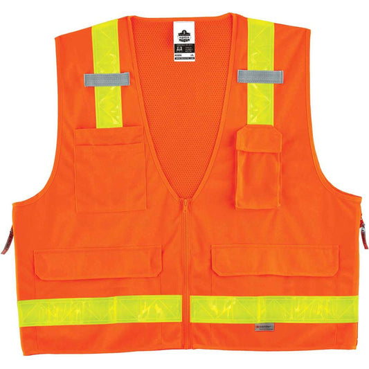 GloWear 8250ZHG Type R Class 2 Hi-Gloss Surveyors Vest - Large/Extra Large Size - Zipper Closure - Poly, Mesh - Orange - Pocket, Mic Tab, Reflective - 1 Each