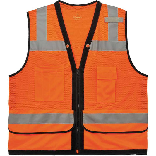 GloWear 8253HDZ Type R Class 2 Heavy-Duty Mesh Surveyors Vest - Large/Extra Large Size - Zipper Closure - Polyester Mesh - Orange - Pocket, Mic Tab, Reflective, Breathable, Heavy Duty - 1 Each