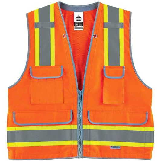 GloWear 8254HDZ Type R Class 2 Heavy-Duty Surveyors Vest - Small/Medium Size - Zipper Closure - Polyester, Mesh - Orange - Pocket, Mic Tab, Reflective, Heavy Duty, Rugged - 1 Each