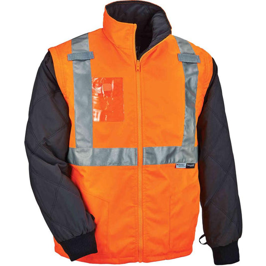 GloWear 8287 Type R Class 2 Hi-Vis Jacket w/ Removable Sleeves - Recommended for: Accessories, Gloves, Transportation - Small Size - Zipper Closure - Polyurethane, Polyurethane - Orange - Machine Wash