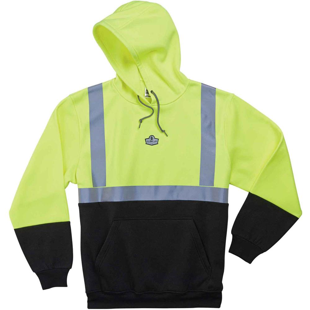 GloWear 8293 Type R Class 2 Front Hooded Sweatshirt - Extra Large (XL) Size Hood Collar - Black, Lime - Polar Fleece