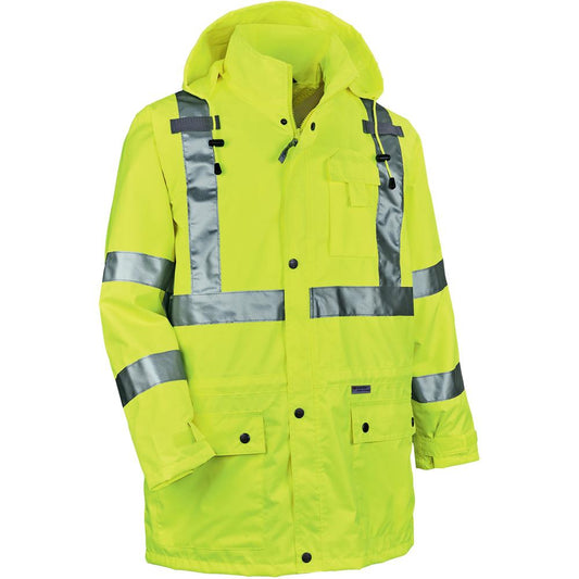 GloWear 8365 Type R Class 3 Rain Jacket - Recommended for: Construction, Utility, Emergency, Airline Crew, Railway Worker, Survey Crew - Small Size - Drawstring Closure Closure - Polyurethane, Polyure