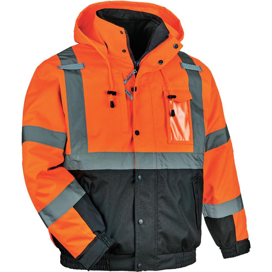 GloWear 8381 Hi-Vis 4-in-1 Bomber Jacket Type R Class 3 - Recommended for: Accessories, Baggage Handling, Transportation, Snowmobiling, Hiking - Medium Size - Hook & Loop Wrist - Drawstring Closure Cl