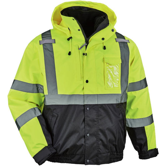 GloWear 8381 Hi-Vis 4-in-1 Bomber Jacket Type R Class 3 - Recommended for: Accessories, Baggage Handling, Transportation, Snowmobiling, Hiking - Small Size - Hook & Loop Wrist - Drawstring Closure Clo