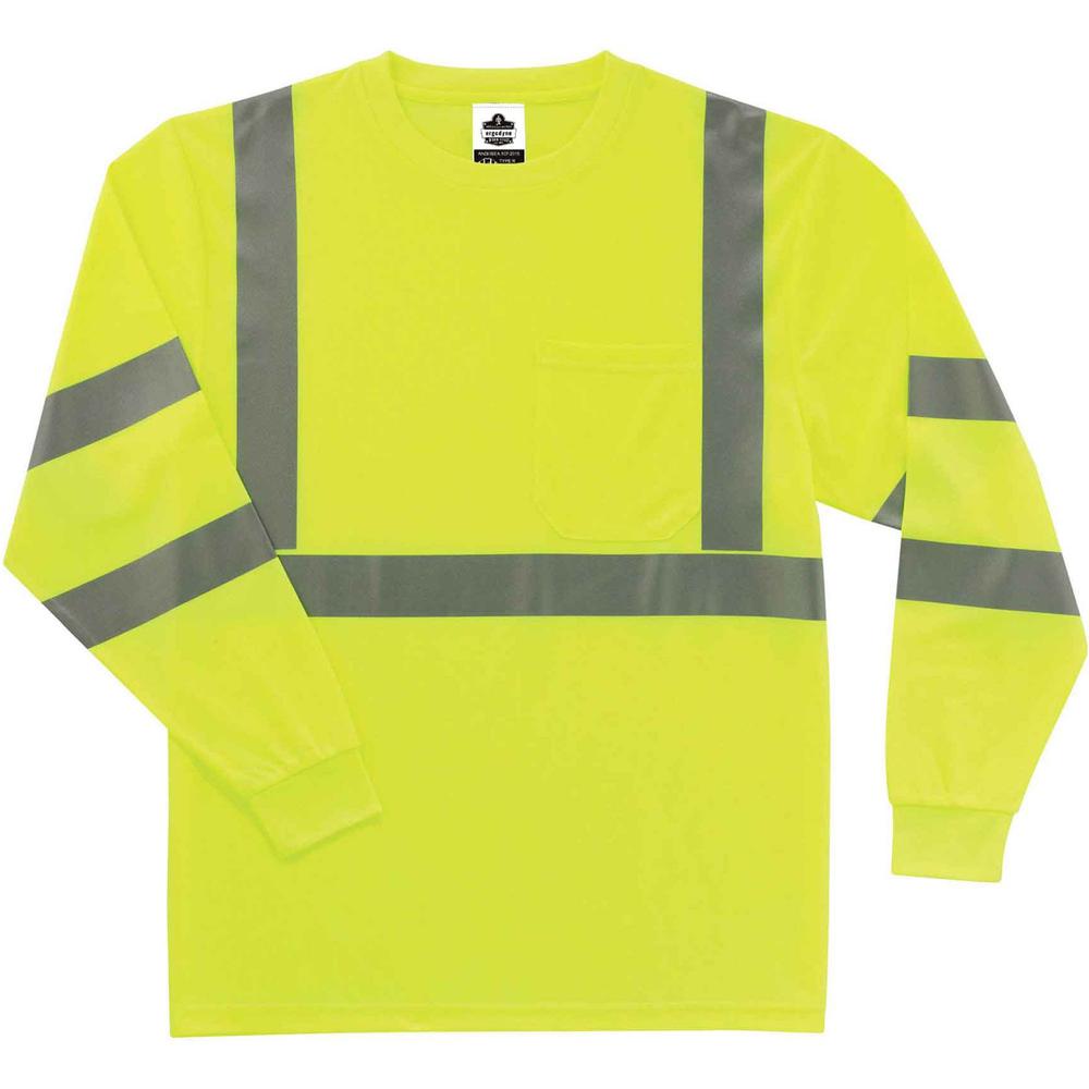 GloWear 8391 Type R Class 3 Long Sleeve T-Shirt - Small Size - Polyester - Lime - Breathable, Moisture Resistant, UV Resistant, Reflective, Heat Resistant, Chest Pocket - 1 Each