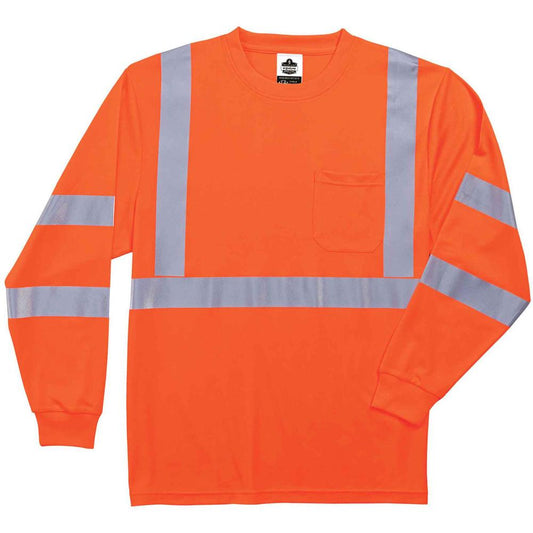 GloWear 8391 Type R Class 3 Long Sleeve T-Shirt - Small Size - Polyester - Orange - Breathable, Moisture Resistant, UV Resistant, Reflective, Heat Resistant, Chest Pocket - 1 Each