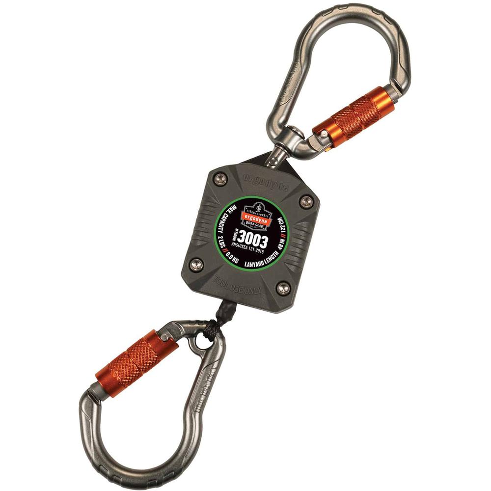 Squids 3003 Retractable Tool Lanyard - Dual Locking Carabiners, 2lbs / 0.9kg - 1 Each - 1.98 lb Load Capacity - Standard - Carabiner Attachment - 1.5" Height x 5" Width x 48" Length - Gray - Nylon, Fi