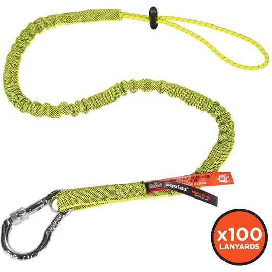 Squids 3100-100pk Single Carabiner Tool Lanyard - 10lbs - 100 / Carton - 10 lb Load Capacity - Standard - Carabiner Attachment - 23.6" Height x 7.9" Width x 45" Length - Lime - Aluminum, Nylon Webbing