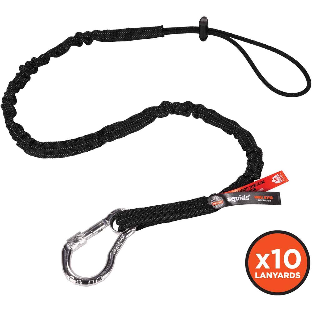 Squids 3100-BULK Single Carabiner Tool Lanyard - 10lbs - 10 / Carton - 10 lb Load Capacity - Standard - 4" Height x 1" Width x 2" Length - Black - Aluminum, Nylon Webbing