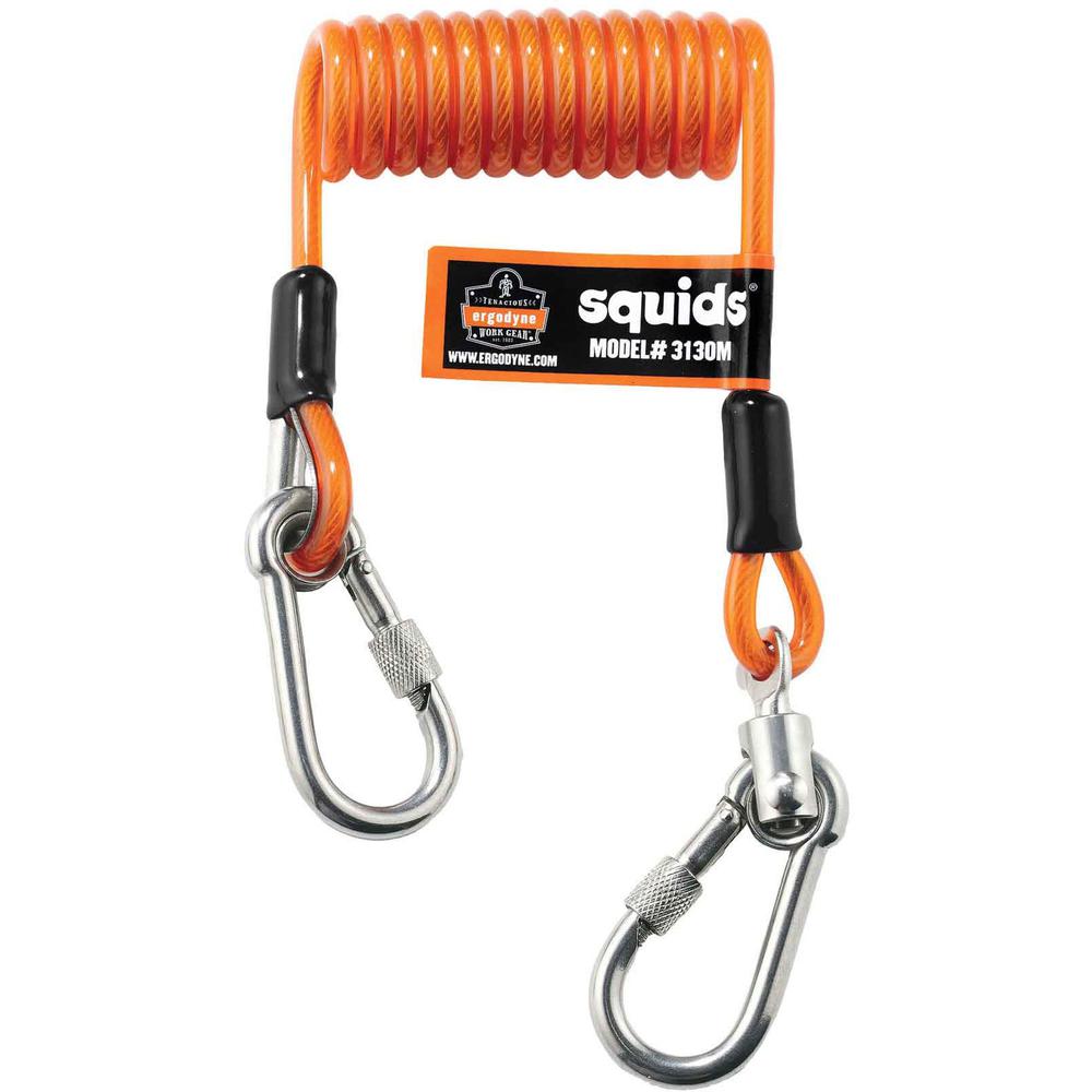 Squids 3130M Coiled Cable Lanyard - 5lb - 6 / Carton - 5 lb Load Capacity - Standard - Carabiner Attachment - 11" Height x 2" Width x 48" Length - Orange - Stainless Steel, Polyurethane