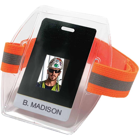 Squids 3386 Vinyl Arm Band ID Badge Holder - 6 / Carton - Hook & Loop Attachment - 4.5" Height x 0.8" Width x 18" Length - Hi-vis Orange - Vinyl, Elastic